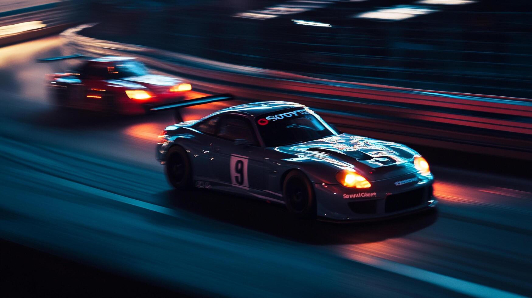 A sleek race car speeds across the track, blurring its surroundings. The excitement of motorsports comes alive at night, action-packed. photo