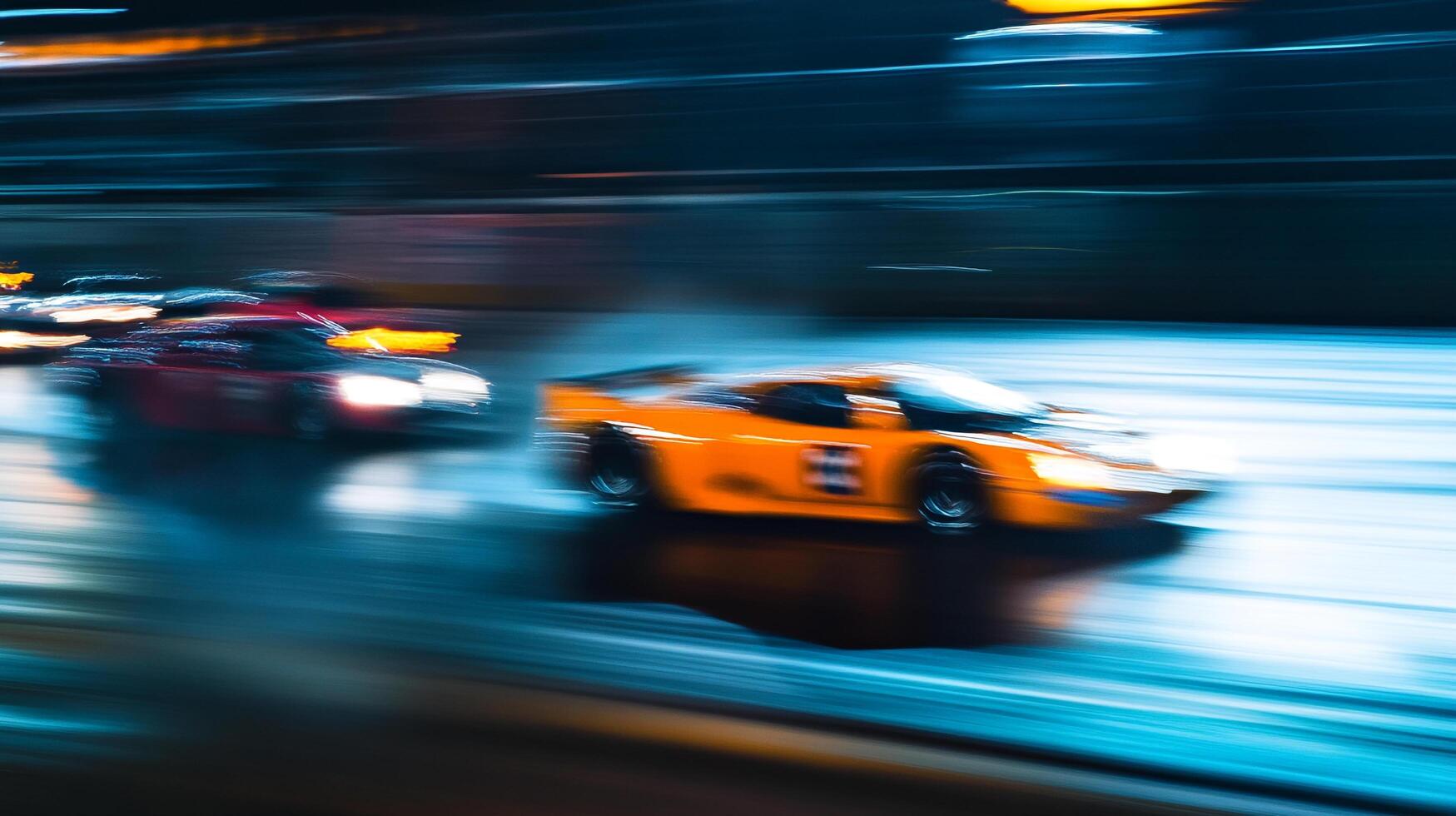 Motion blur of racing cars speeding down a wet track at night, showcasing the excitement of auto racing and the intensity of the competition. photo
