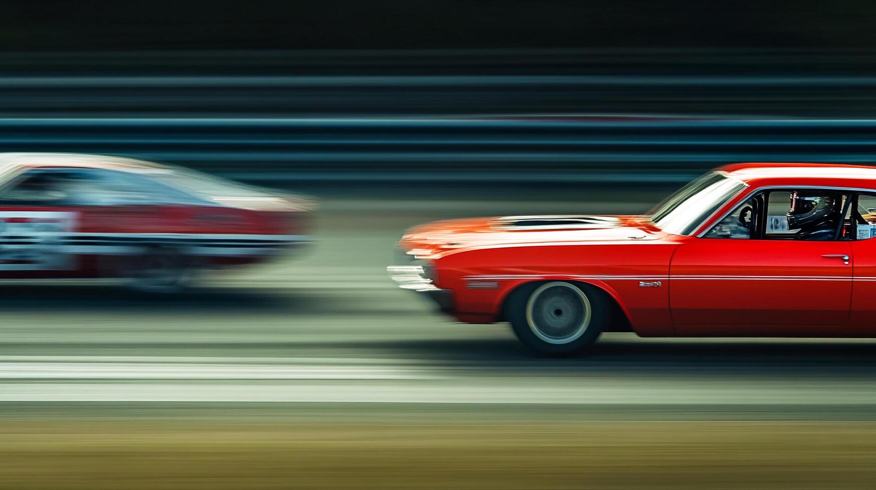 Classic cars speeding on a racetrack. The image has motion blur, which adds to the thrill of the race. Red and white are prominent. photo