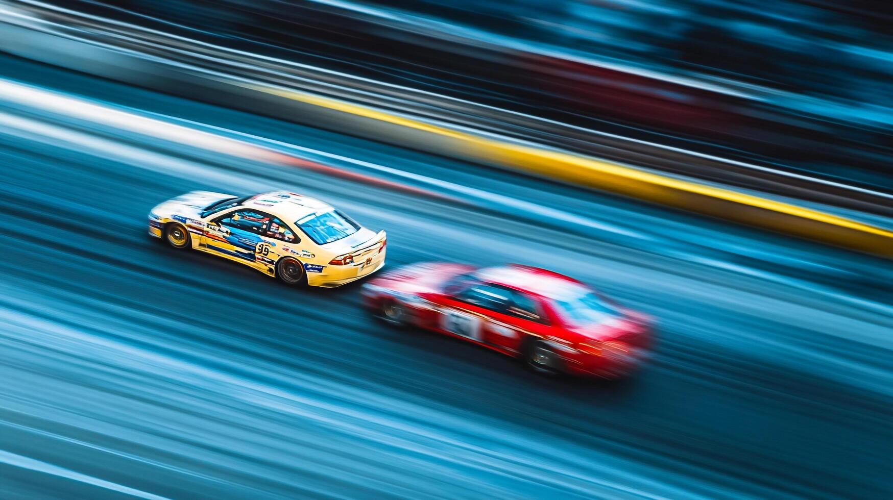 Two race cars blur on a track, capturing the high-speed action and dynamic motion of competitive racing. Dynamic colors and motion blur. photo