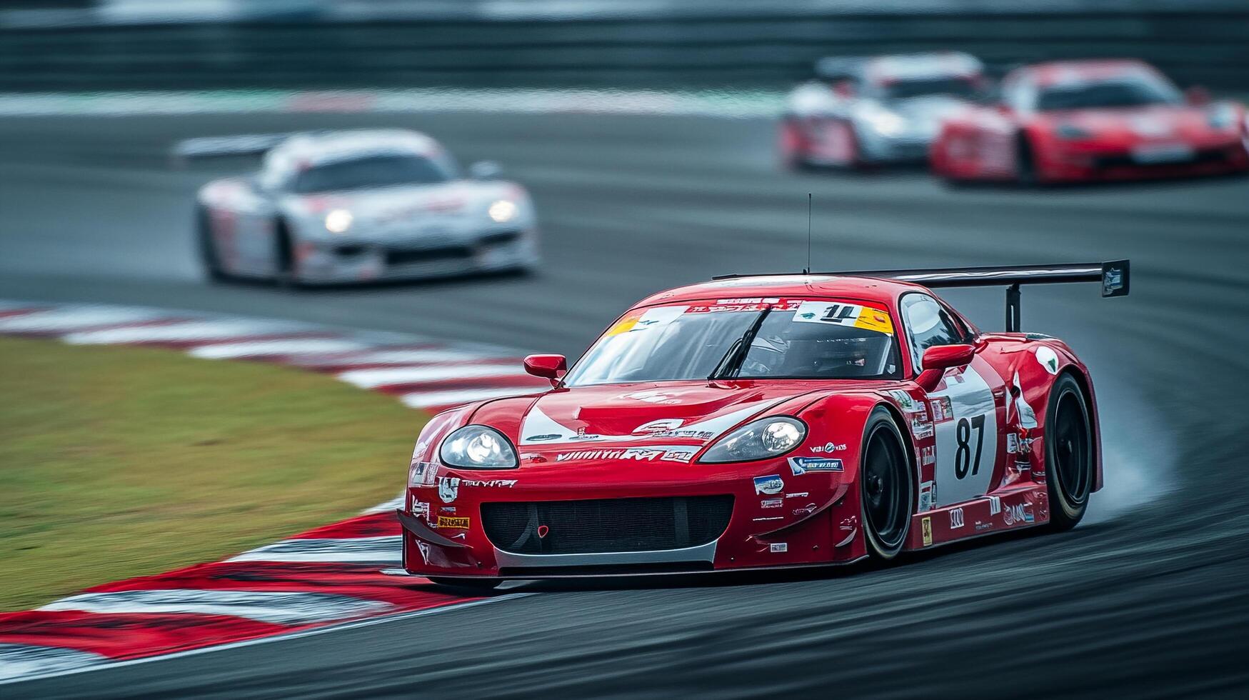 Red racecar speeds through the race track followed by other cars. Sharp turns demand great control to win against all competitors. photo