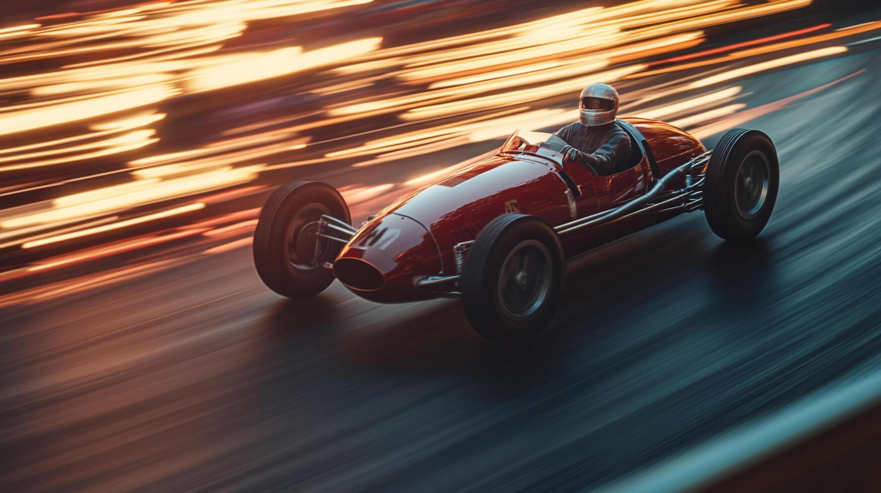 Vintage race car speeds down the track, motion blur conveying speed and excitement, capturing the thrill of motorsports from a bygone era. photo
