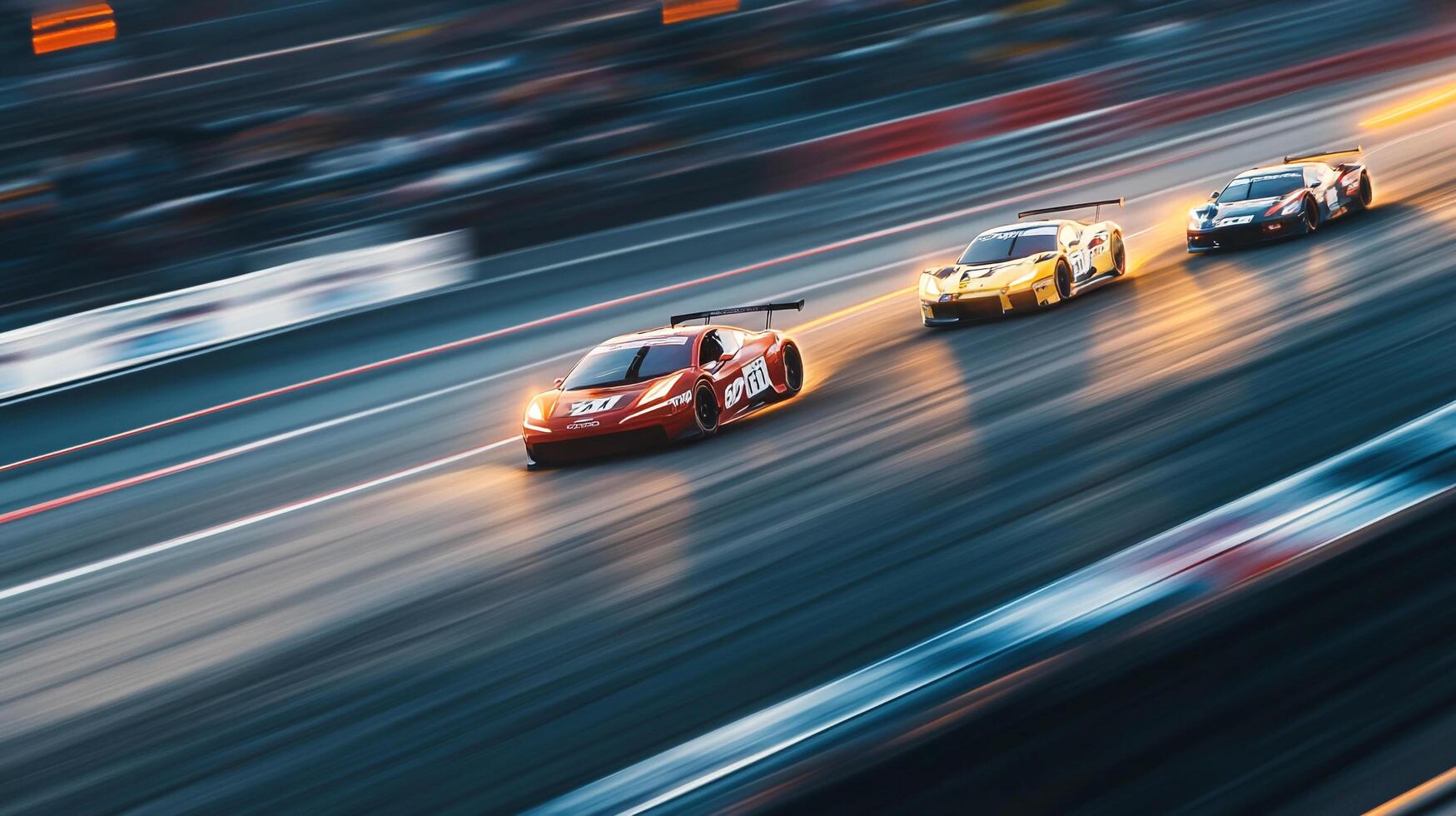 Three race cars speed down a track in a blur of motion, showcasing intense competition. The focus is on speed and sleek design. photo