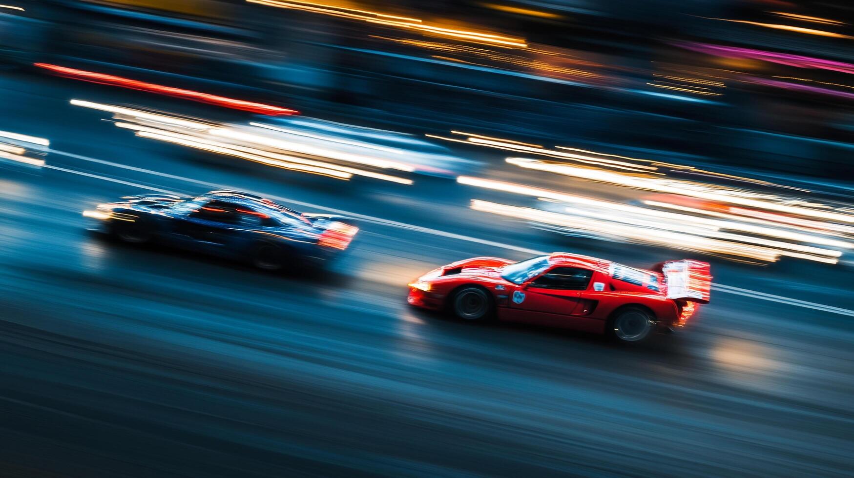 Blurred motion of two sports cars speeding on a highway at night, showcasing dynamic movement and vibrant colors. photo