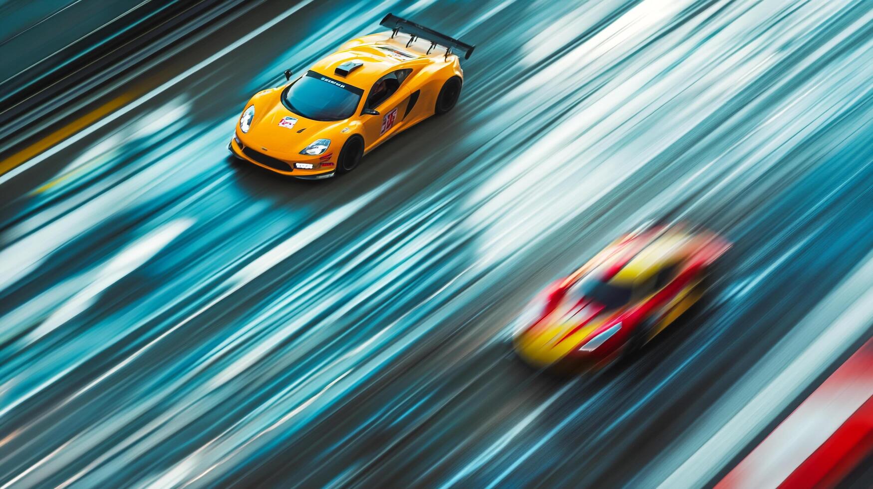 Two race cars speeding past each other on a blurred racetrack with motion blur. A yellow car takes the lead in a race, action shot. photo