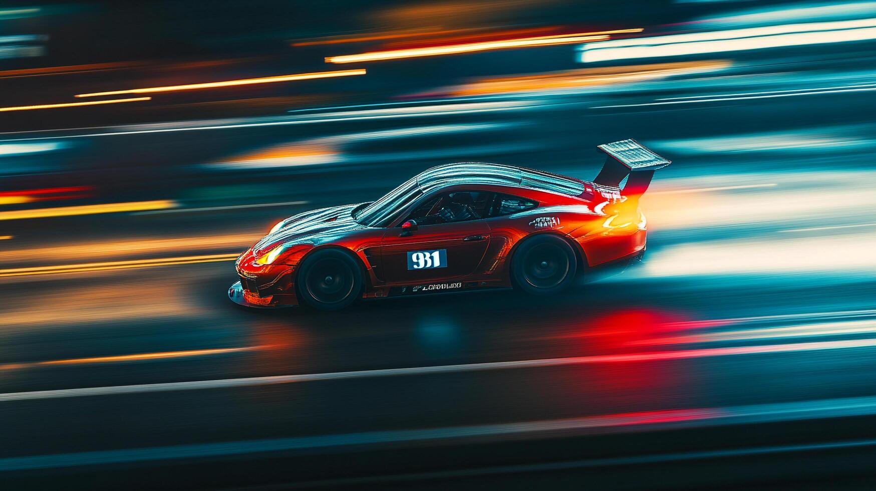 Red sports car speeding at night, blurred motion effect. Streamlines of light emphasize velocity. Sleek, modern design. Race car at high speed. photo