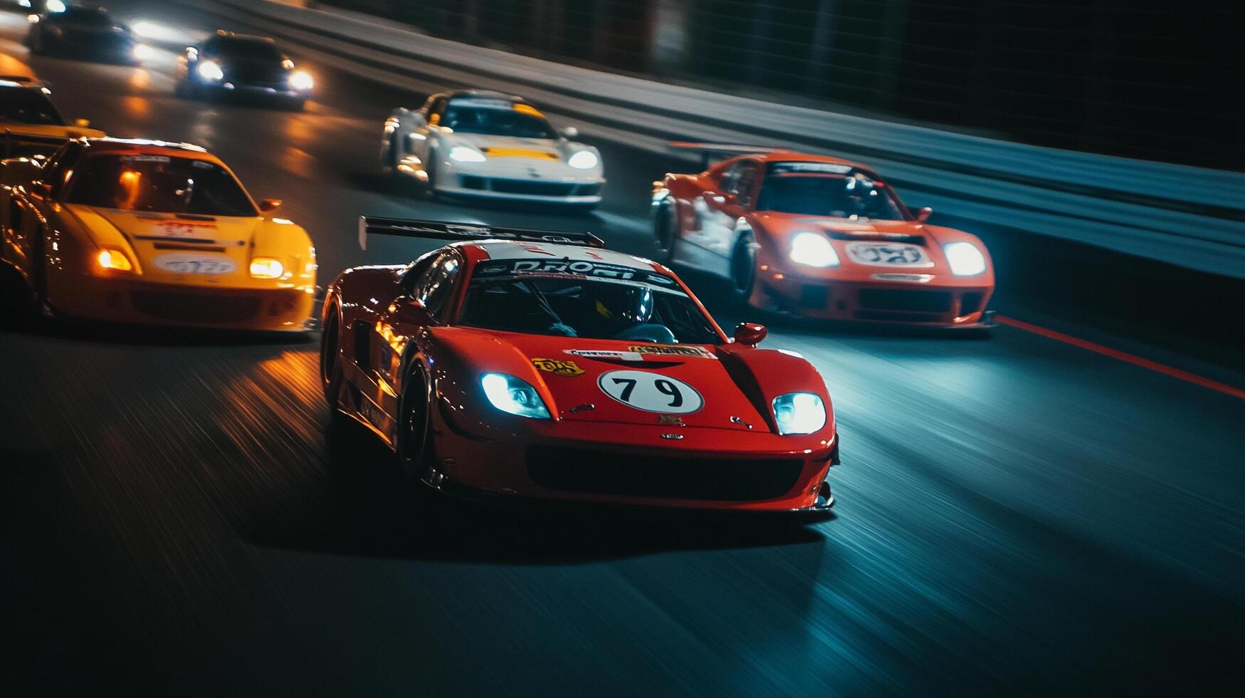 High-speed car race at night. Various colored race cars zoom down the track under bright lights. Excitement of racing captured. photo