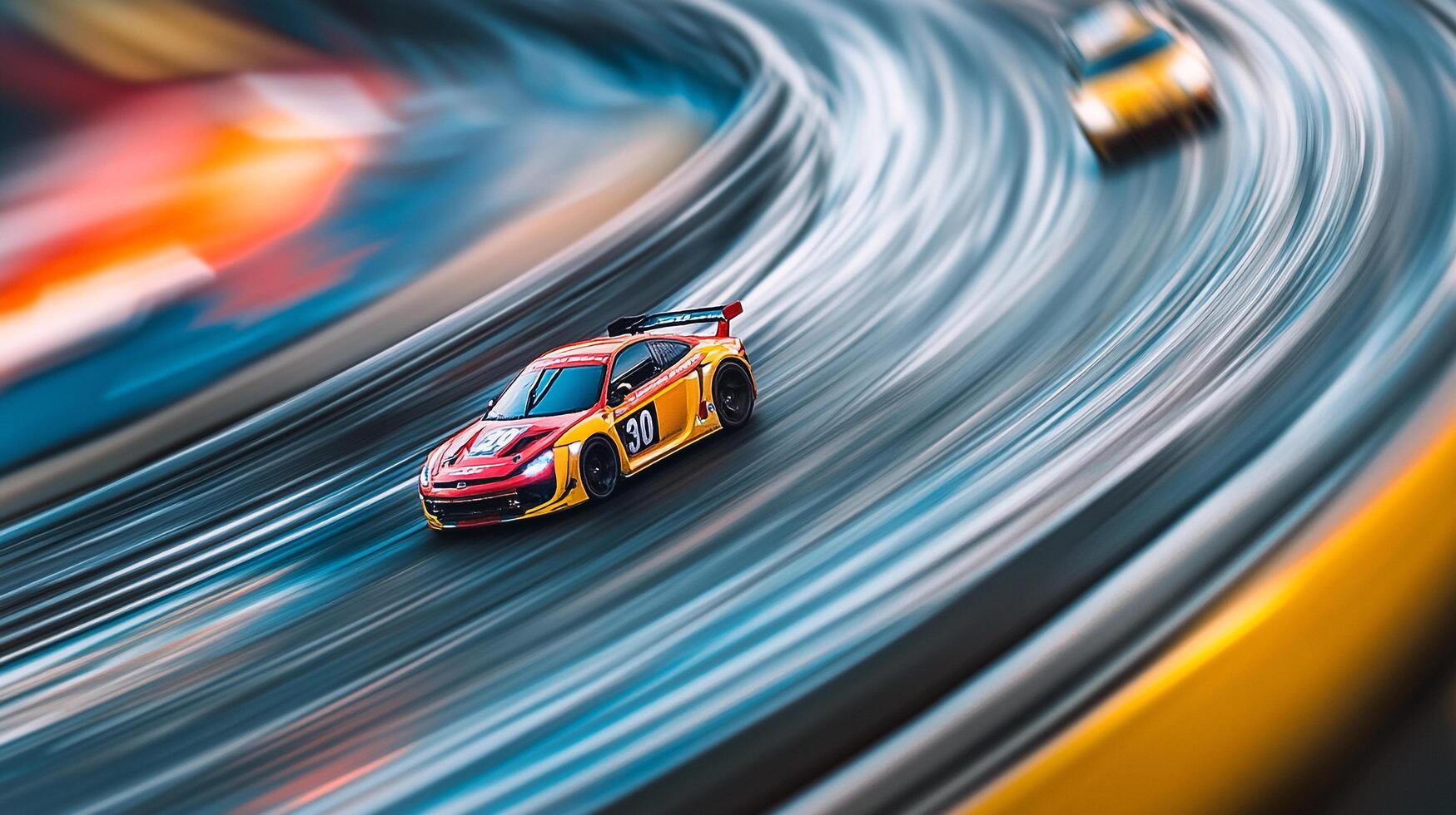 A stylized image shows two race cars speeding around a track with vibrant colors and dynamic motion blur effect, creating a sense of high speed photo