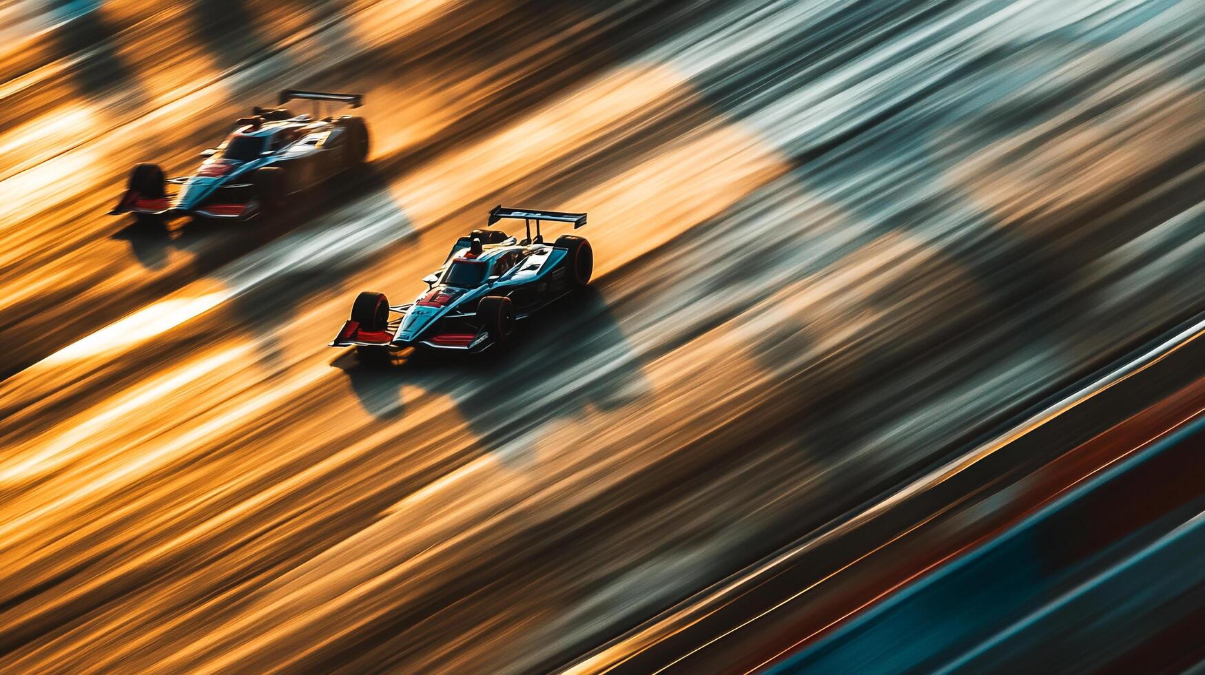 High-speed race cars streak across the track, motion blur emphasizing speed and intensity, capturing the essence of competitive racing. photo