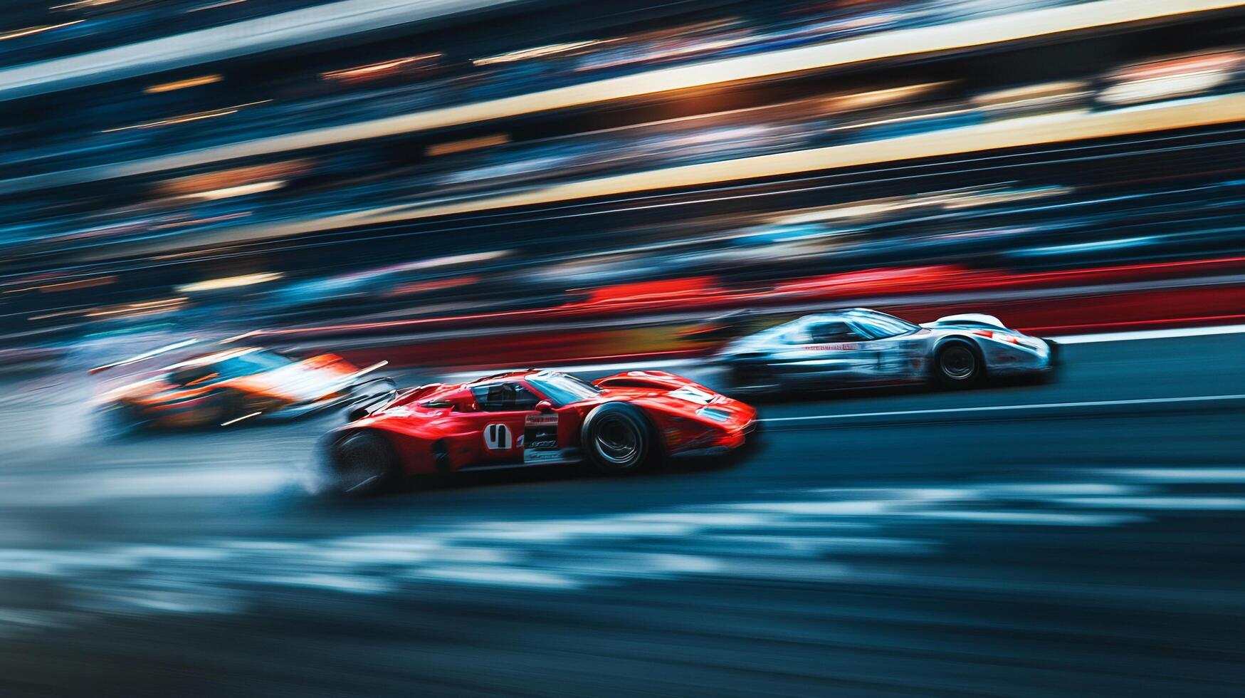 Motion blur captures high-speed race cars blurring across a track. A red car dominates, embodying speed and competition. photo