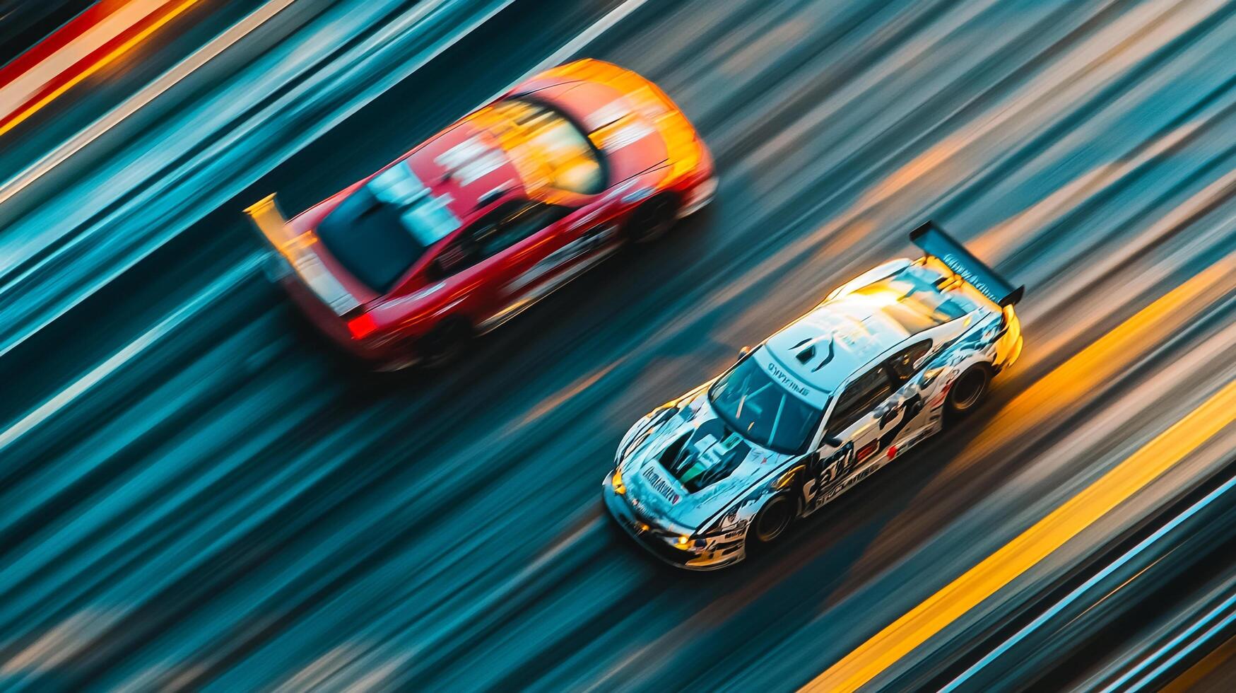 High-speed racecars blur across the track, showcasing the adrenaline-fueled action of motorsport racing. Experience speed and power. photo