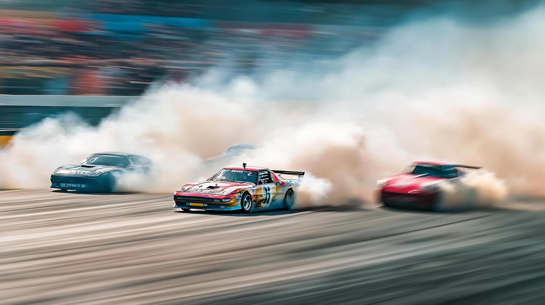 A high-speed car drifting race on a paved track filled with smoke, blurring into motion. A crowd watches from the stands. Intense competition. photo