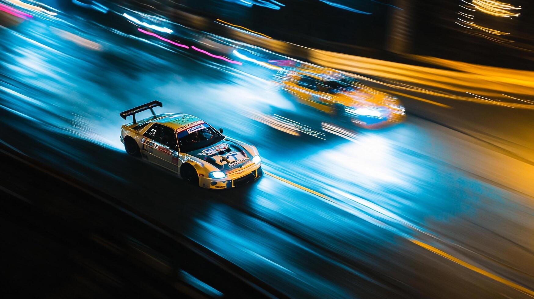 A car race at night with cars speeding by and causing tire smoke in the middle of the turn on the racetrack with vibrant colors. photo