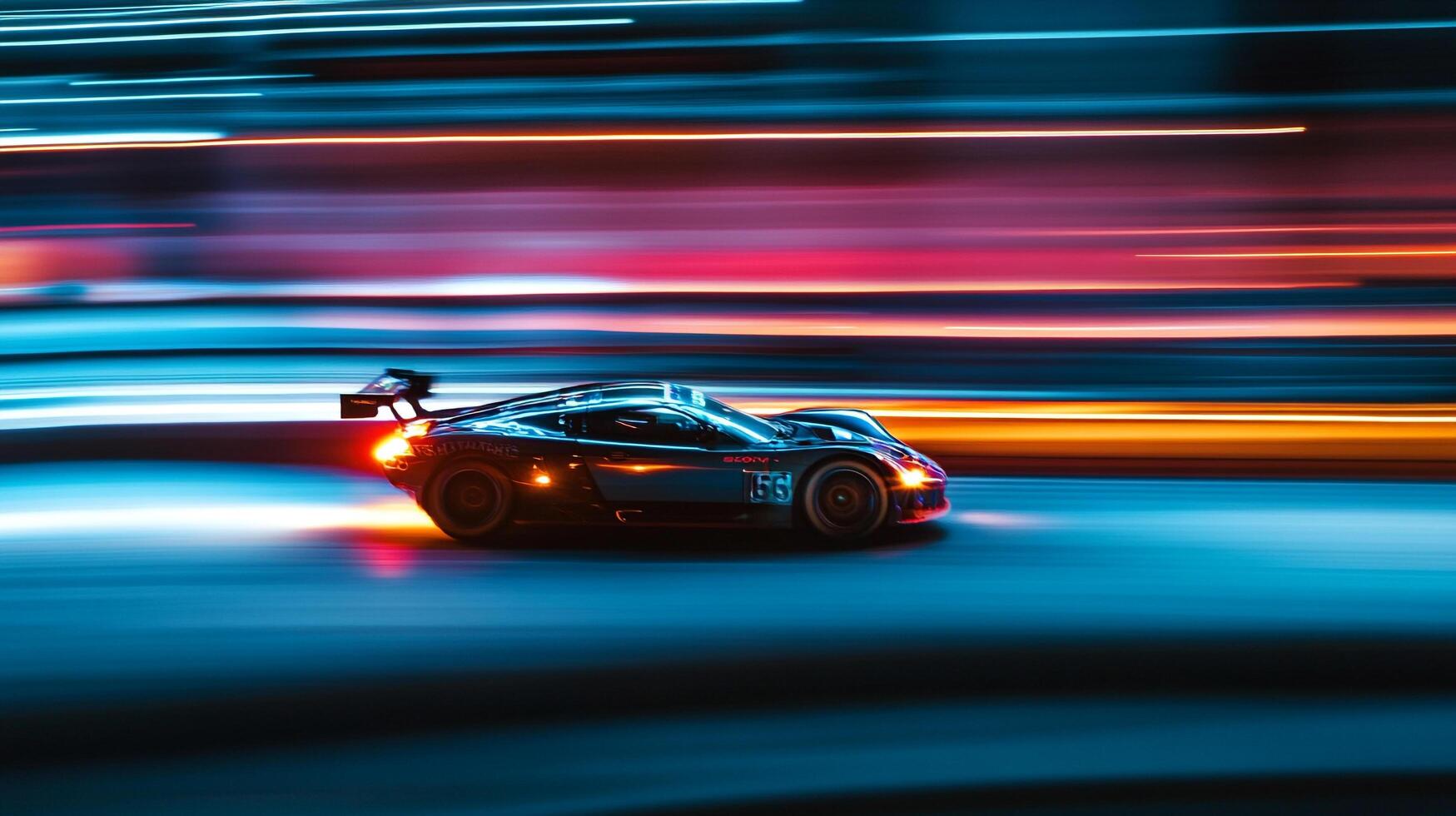 Racing through the night. A sleek race car speeding down the track, illuminated by vibrant streaks of light, capturing intense speed and power. photo