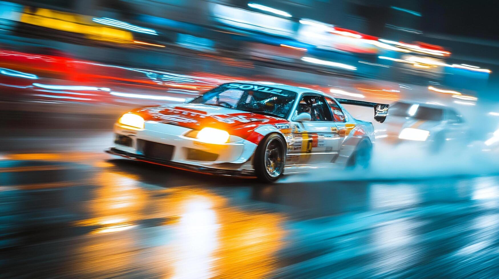 Motion blur captures the speed of a white and red race car drifting through an urban setting, its headlights glowing on the wet asphalt. photo
