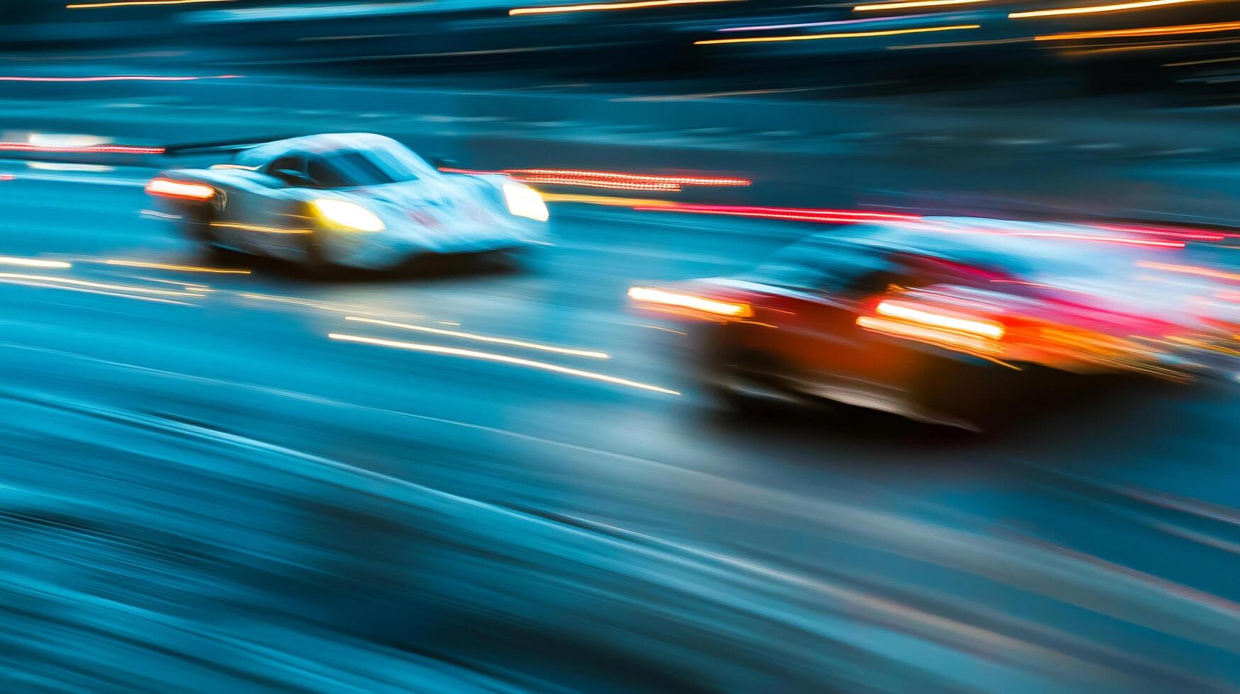 Motion blur captures fast-moving vehicles at night, their lights streaking across the road in a mesmerizing display of speed and energy. photo