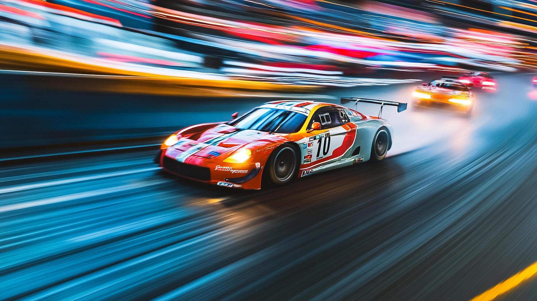 Race cars speed along a track, motion blur creating a dynamic, fast-paced sense of competition, focused on car with number 10. photo