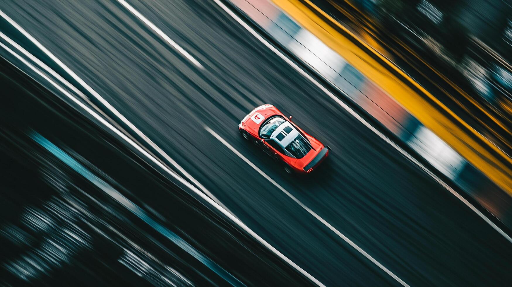 Aerial shot of a red race car speeding along a track, showcasing motion blur and vibrant colors. Dynamic composition captures speed. photo