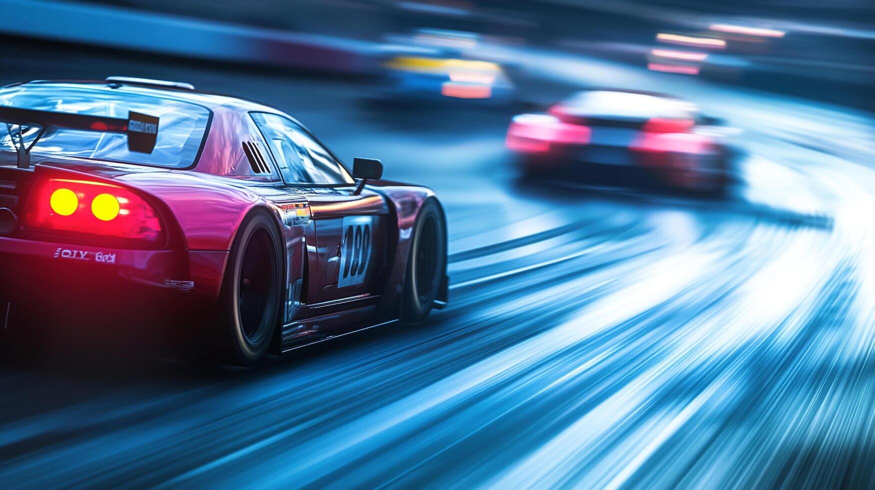 Race cars speed across the track in a blur of motion, conveying power and speed. A crimson race car dominates the view. photo