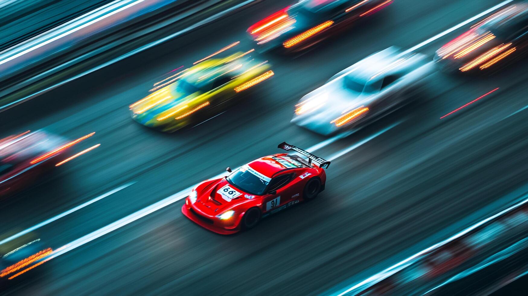 Race cars speeding on a track, blurring with motion. Dynamic shot of auto competition capturing speed and intensity of road racing. photo