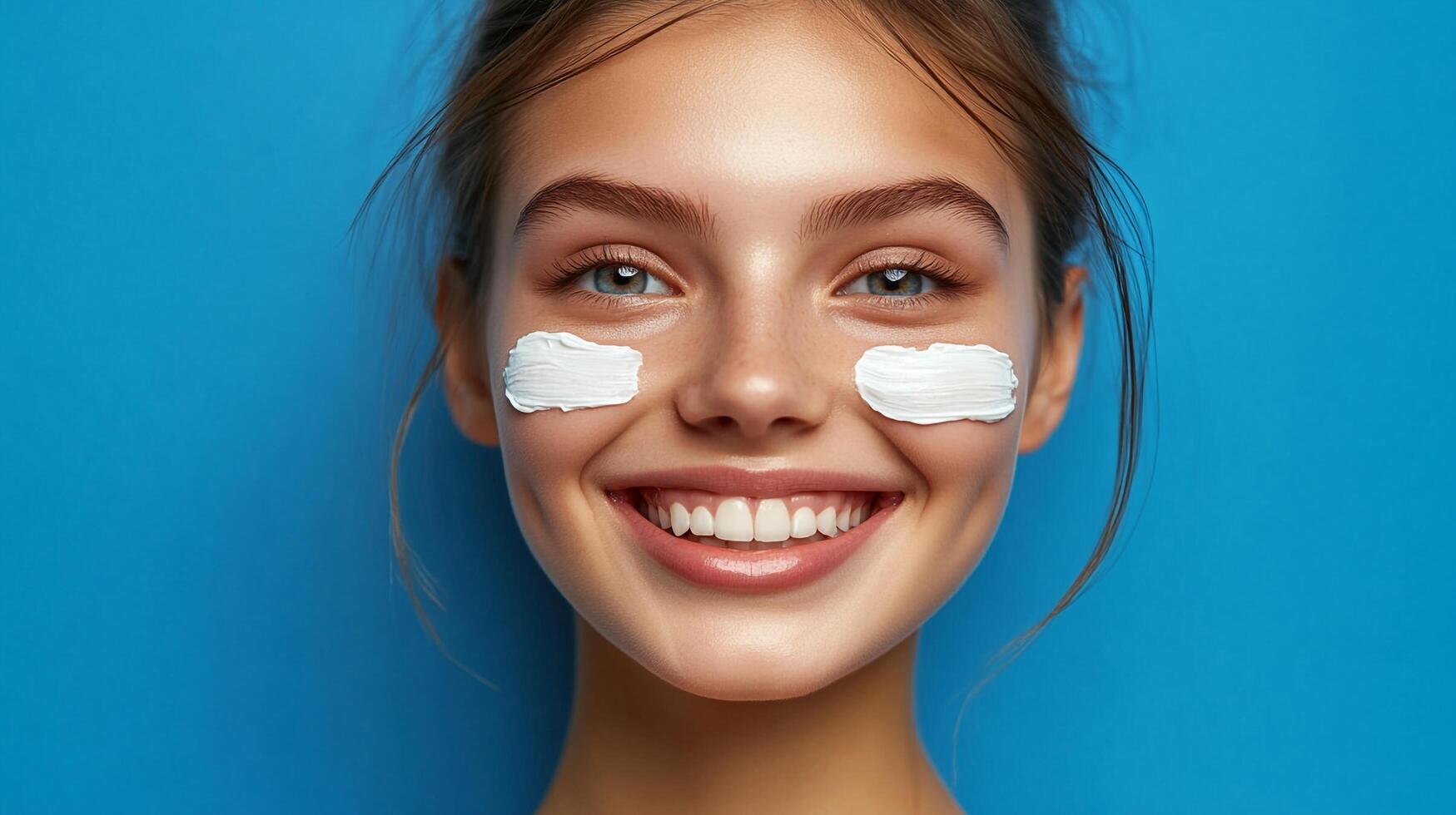 Cheerful young woman with cream under eyes against a blue background. Beauty treatment, skincare, and wellness concept. Gorgeous smile. photo