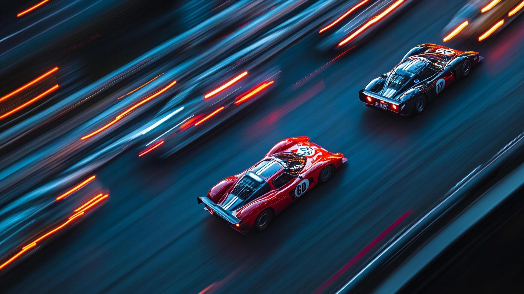 High-speed action with two vintage race cars speeding along a track, blurred motion conveying intense velocity and competition. photo