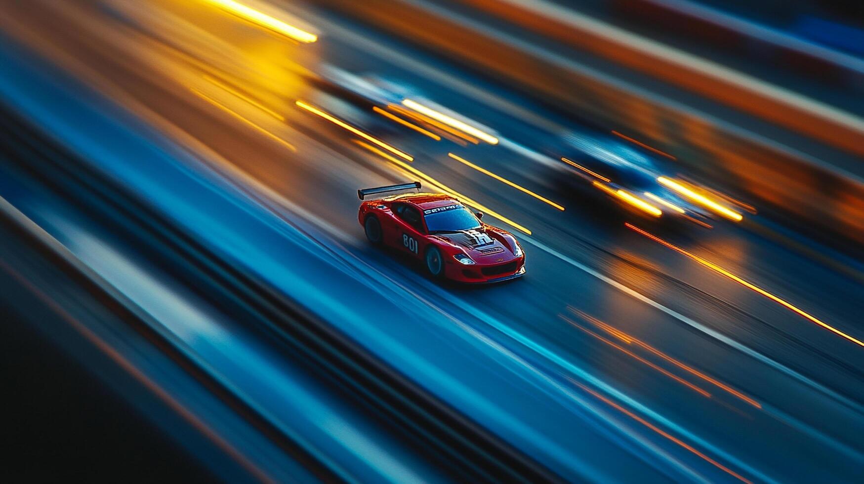 Red race car streaks across the track, captured with dynamic motion blur, conveying extreme speed and excitement of competitive motorsport. photo