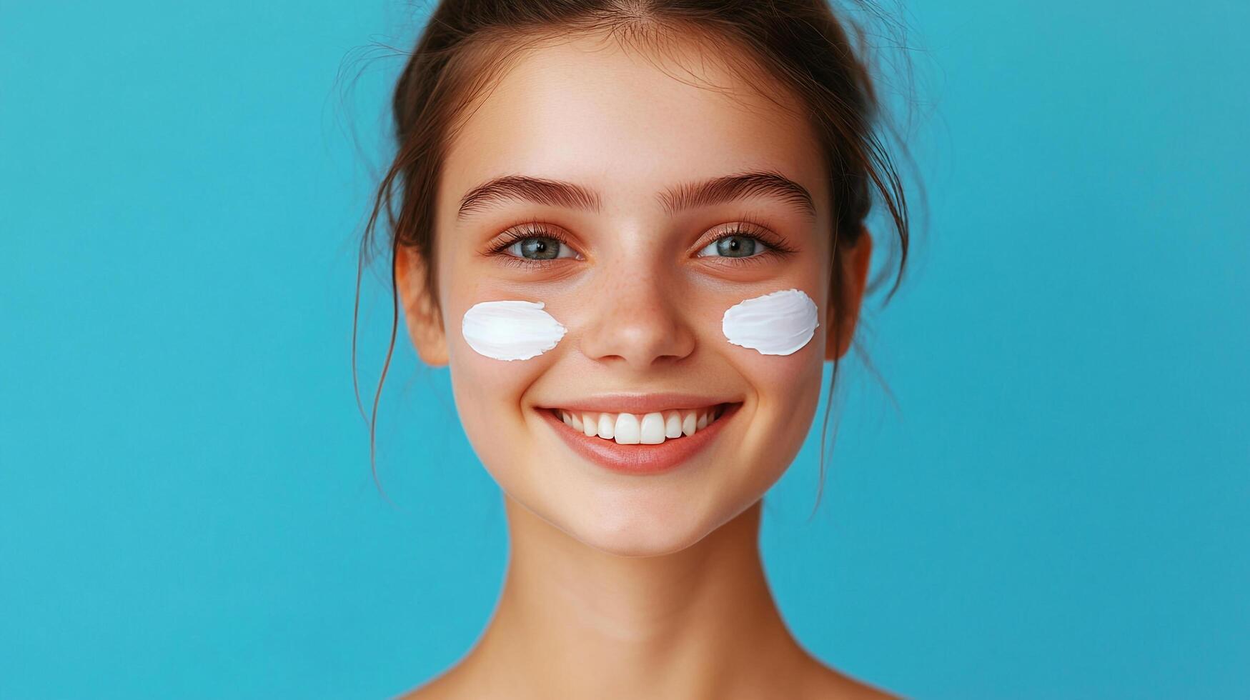 Radiant young woman with cream patches smiling against a vivid blue backdrop. Her fresh face and bright smile evoke skincare and beauty. photo
