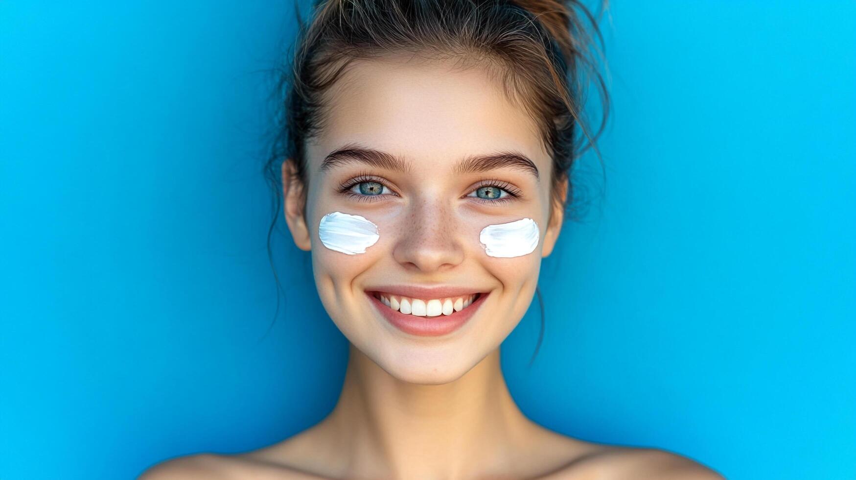 Radiant young woman smiles, applying skincare. Her beauty shines against a bright backdrop, enhanced by sun protection. photo