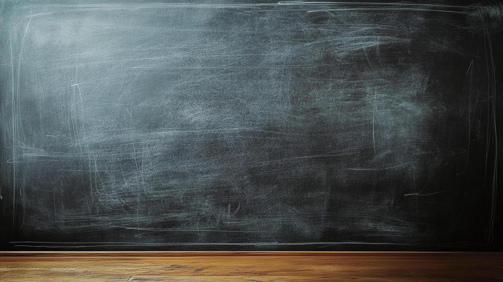 Dark, worn chalkboard with chalk residue and a wooden base. Ideal for education, background, or texture-related creative projects. photo