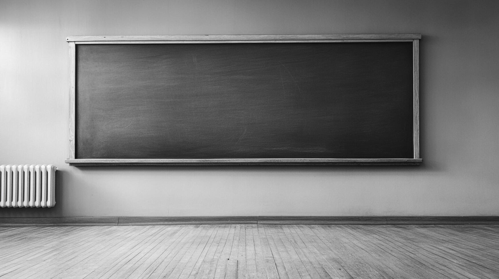 Monochrome classroom featuring a large, empty blackboard mounted above a radiator, setting a stage for learning and academic endeavors. photo