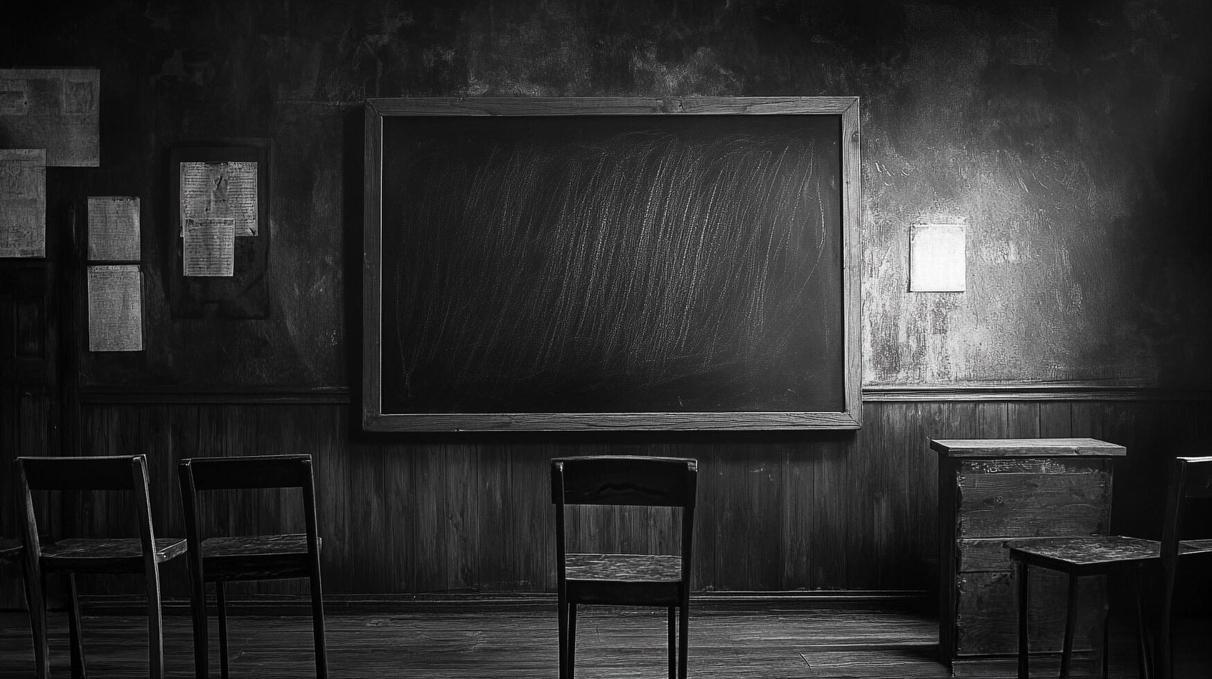 Monochromatic classroom featuring a blackboard, chairs, and aged walls, evoking a sense of historical learning and academic pursuit. photo