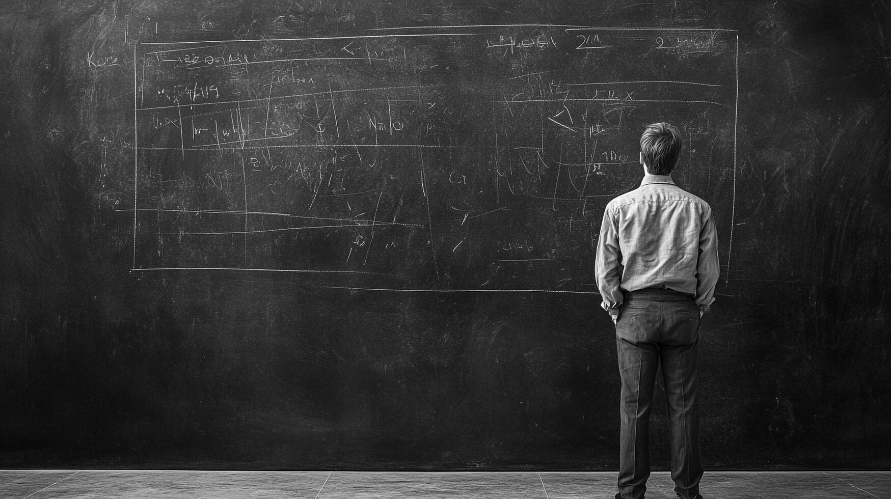 A man gazes at complex equations scrawled across a large blackboard, lost in thought and contemplation in a minimalist setting. photo