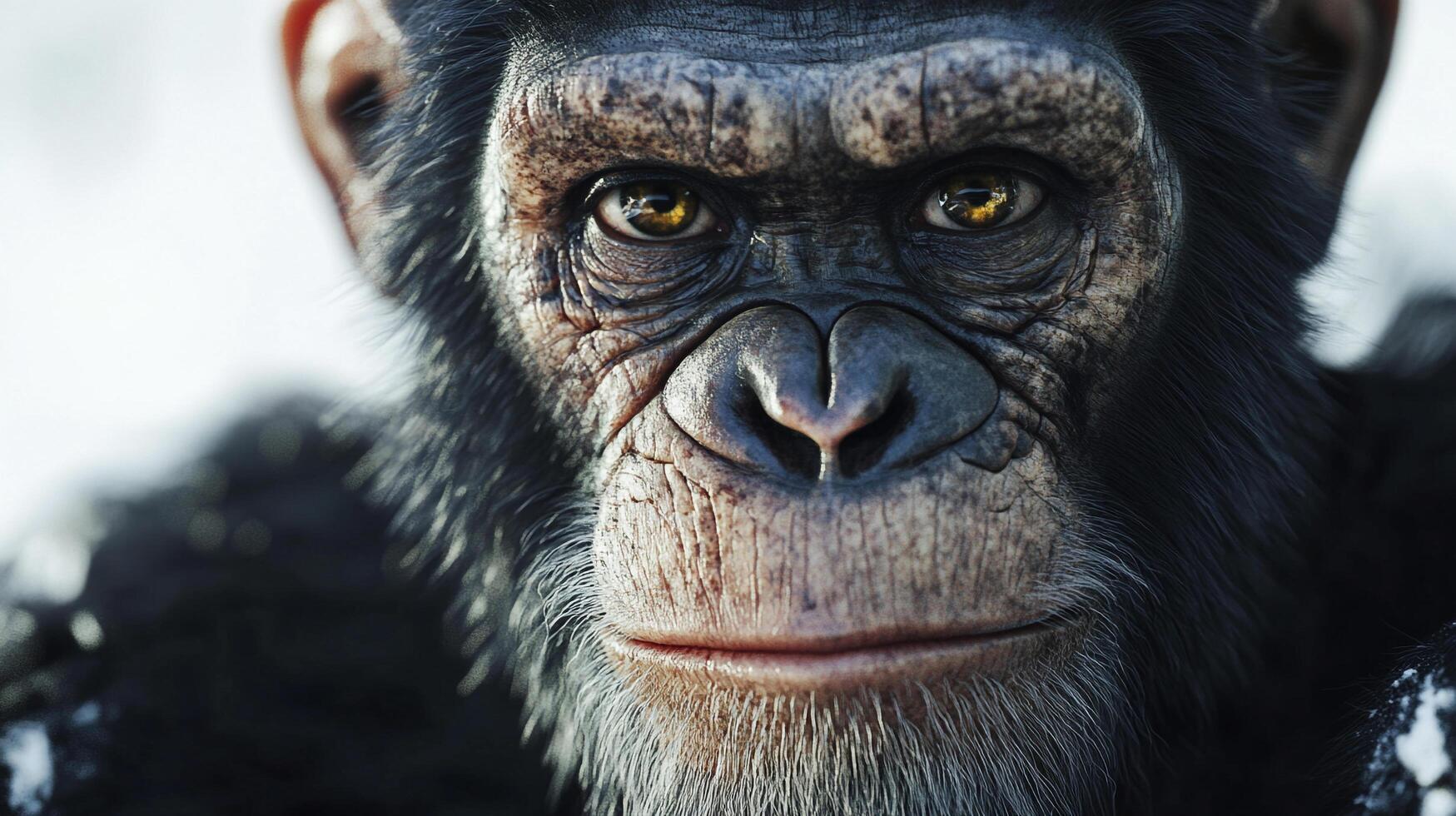 Close-up portrait of a chimpanzee. The monkey stares intently with striking eyes. The primate's face shows intricate details. photo
