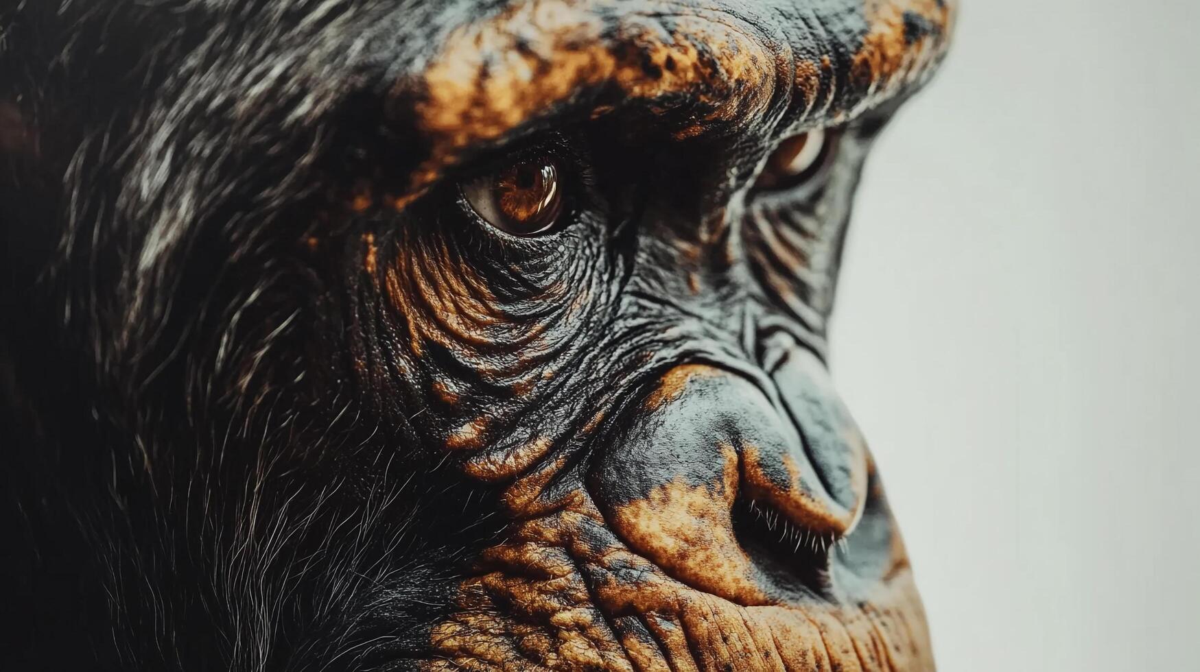 A close-up portrait of a chimpanzee, highlighting the details of its eyes, wrinkles, and fur, expressing wisdom in its face. photo