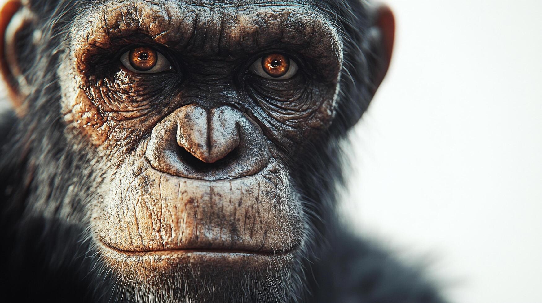 An extremely close view of the monkey or primate's face is presented with a focus on its eyes, nose, and mouth, conveying emotion and wisdom. photo