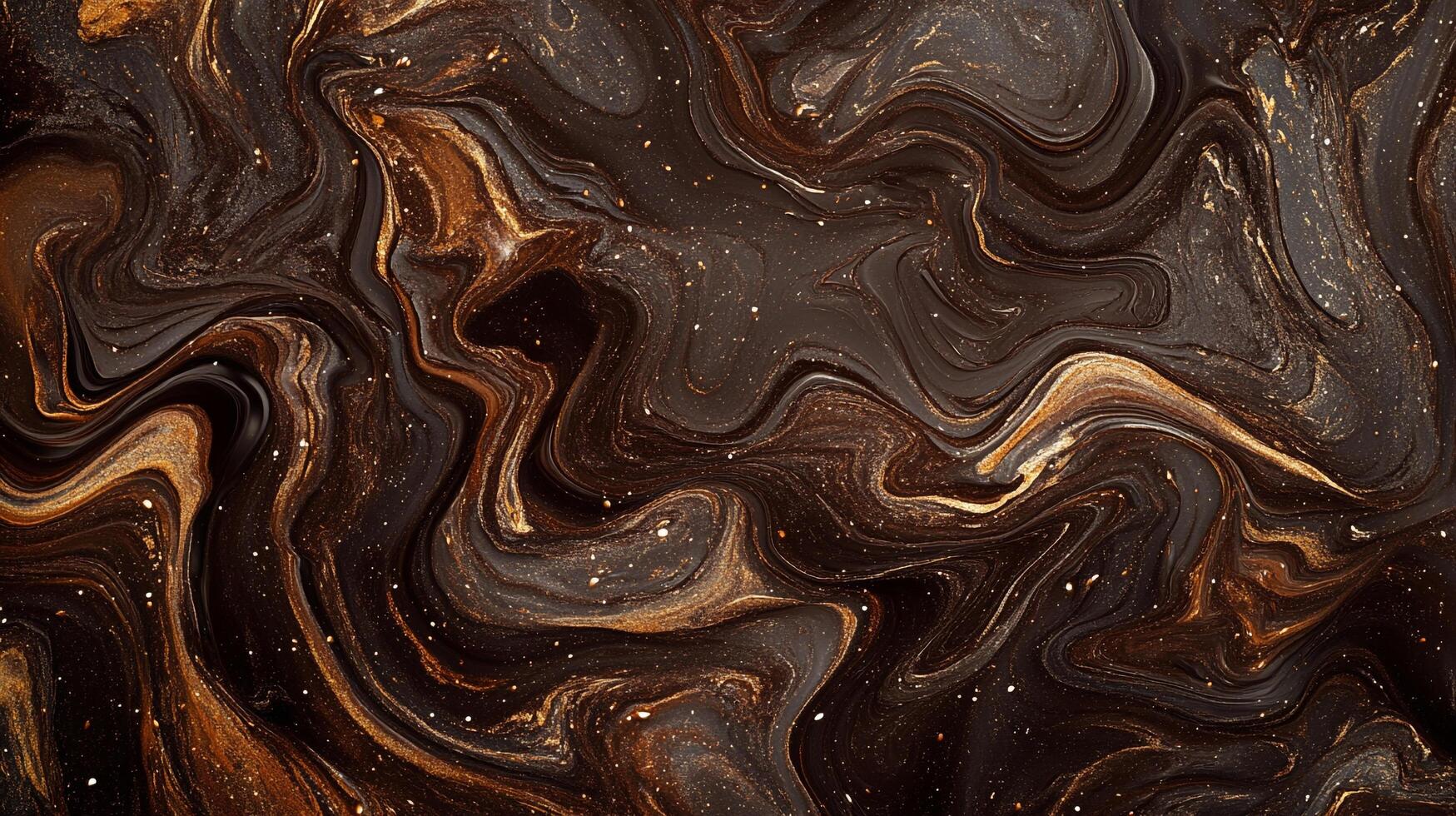 Abstract dark brown and gold flowing liquid art background with swirling pattern and glittering specks. Rich earthy texture. photo
