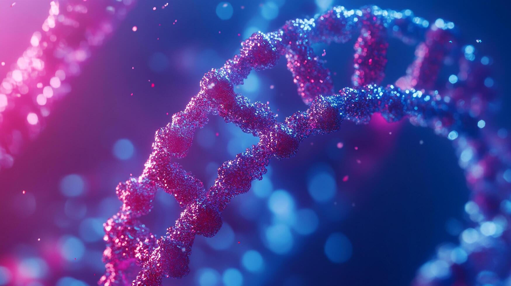 Abstract representation of a DNA double helix strand with pink and blue hues, conveying science, biology, and genetic information. photo
