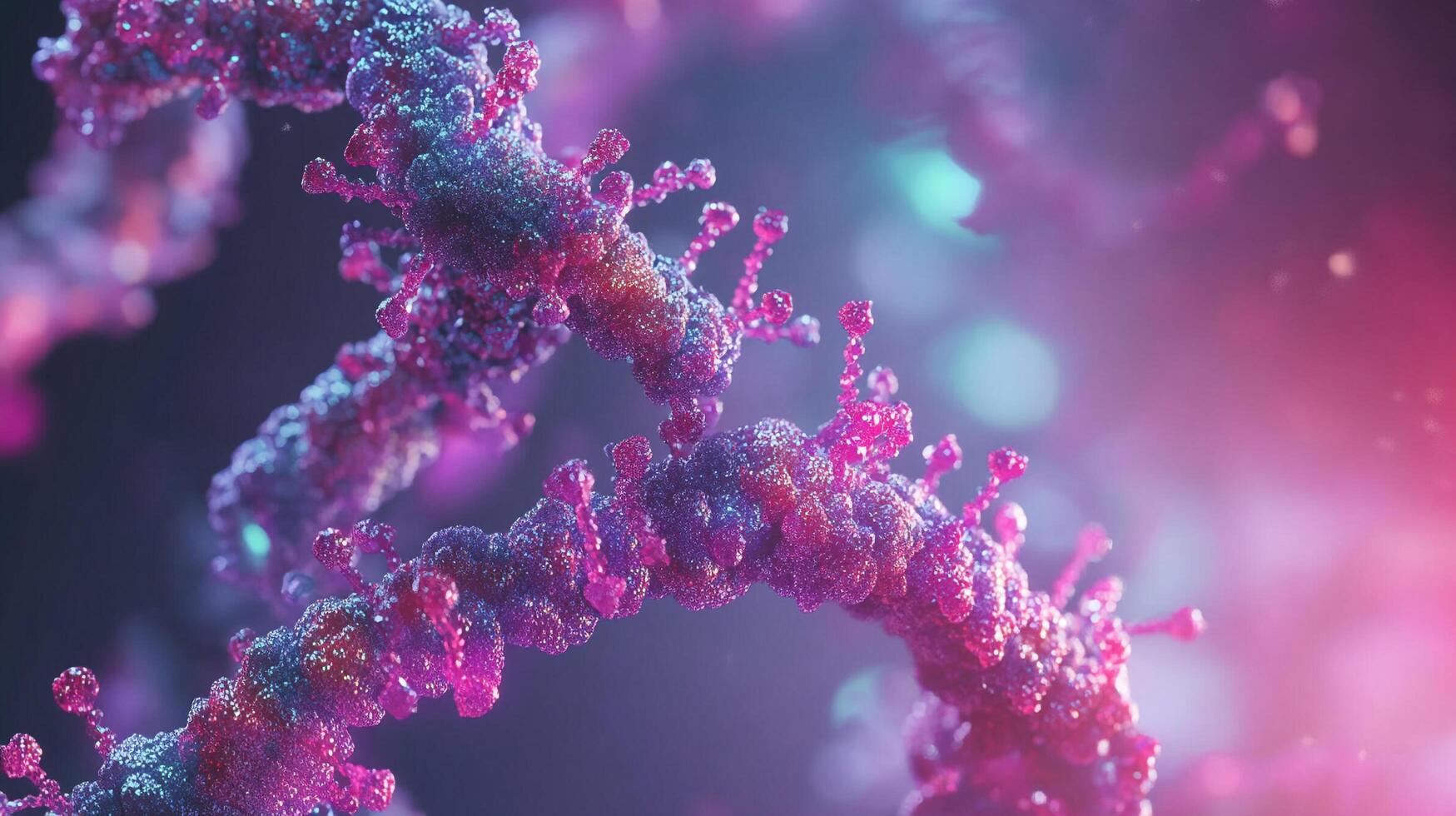 Abstract purple virus structure with intricate details under pink and blue lighting. The virus looks microscopic and dangerous. photo