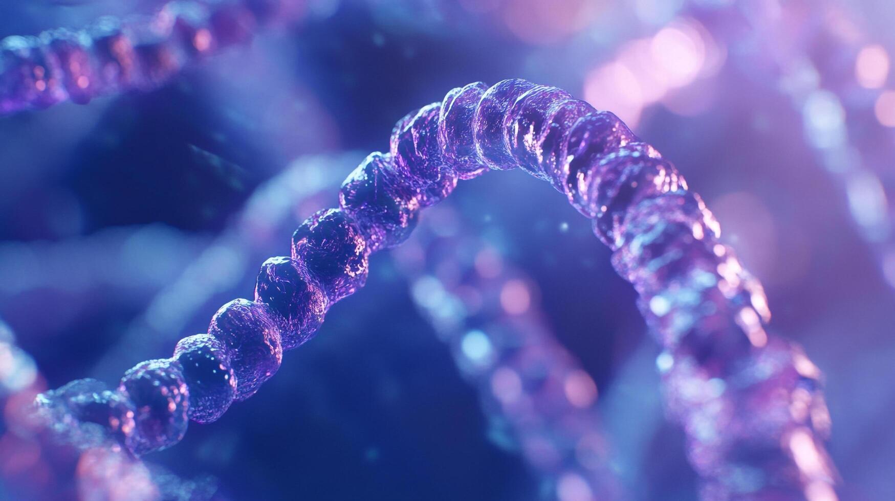 A digitally rendered and magnified abstract chain. Molecular representation with vivid purple and blue shades. A scientific, DNA concept. photo