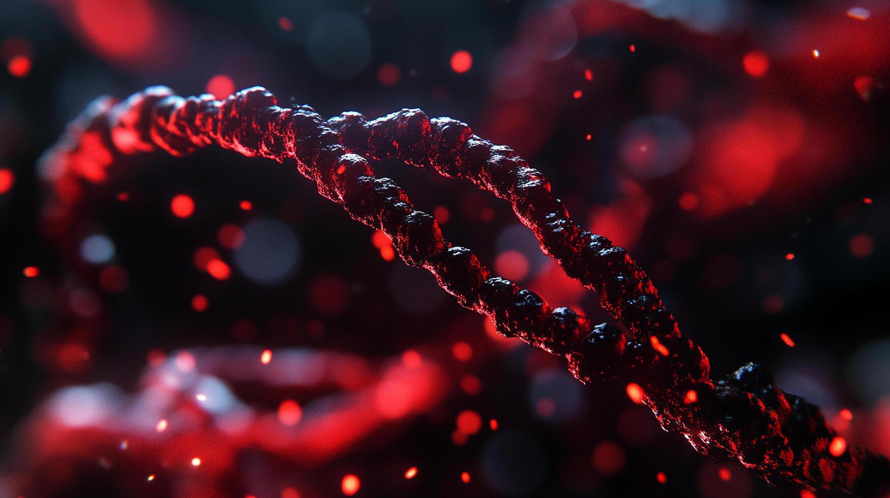Abstract double helix with a textured surface set against a blurred dark background with red bokeh effects. Close up, depth of field. photo
