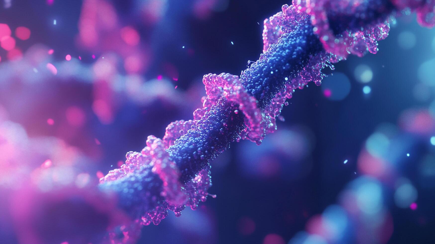Detailed molecular strand structure shows a blue core with bright pink flourishes. Molecular biology shows the microscopic world in abstract. photo