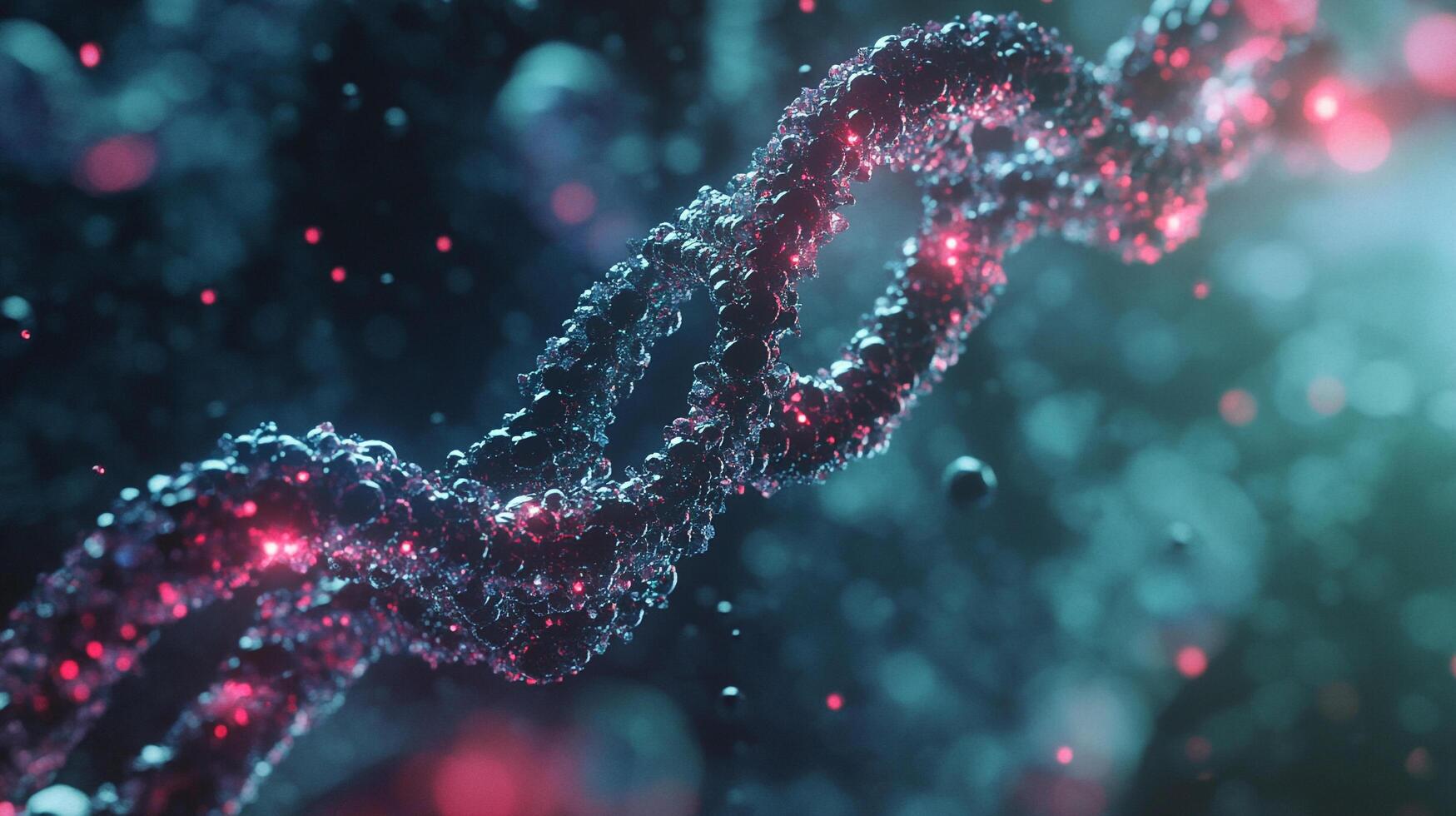 Abstract representation of a DNA strand, with a dark background and red and blue tones, showcasing the genetic code in a stylized manner. photo