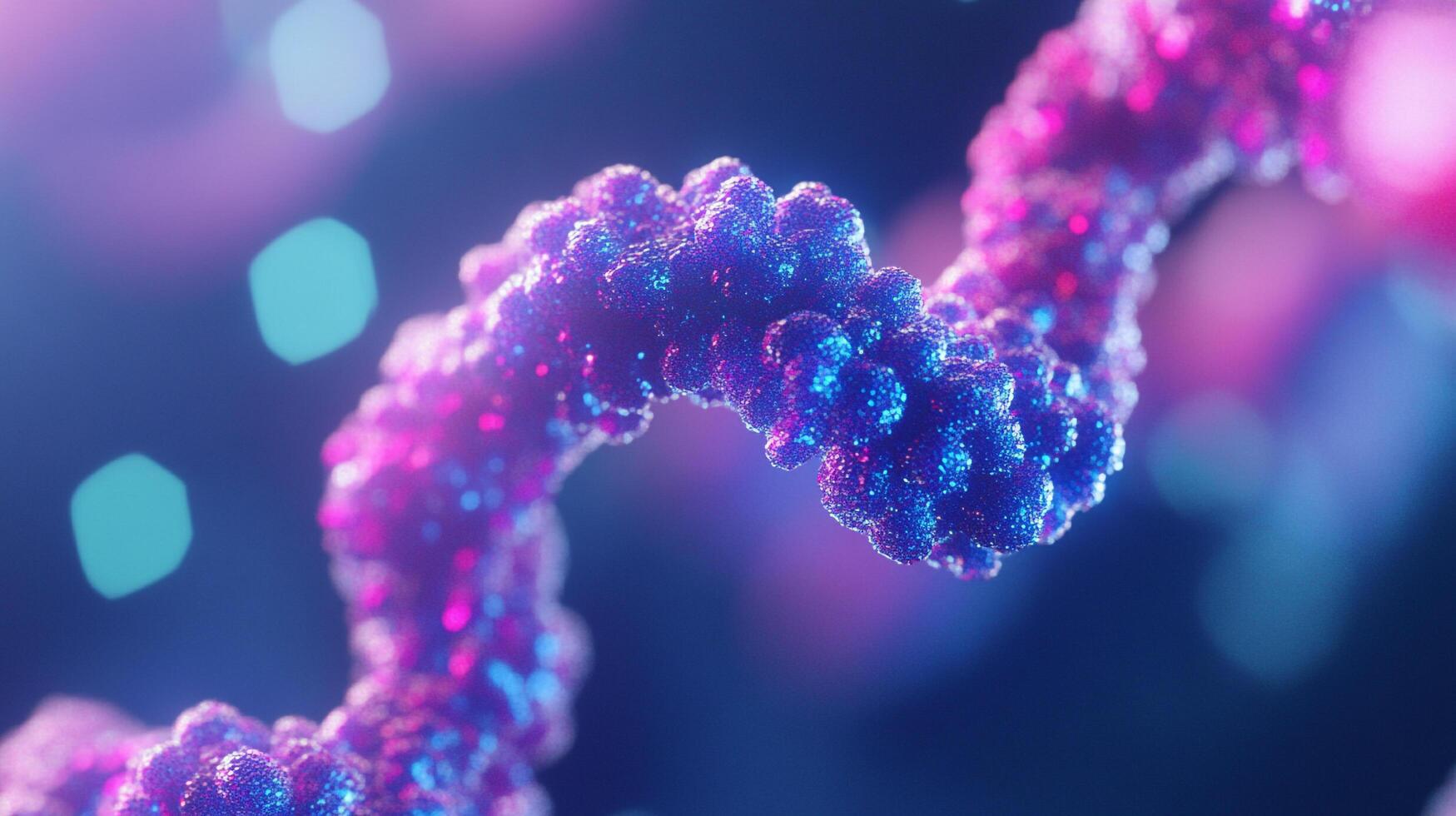 Close-up of a shimmering, spiraling structure, illuminated in vibrant blues and pinks against a dark backdrop. Intricate cellular texture. photo