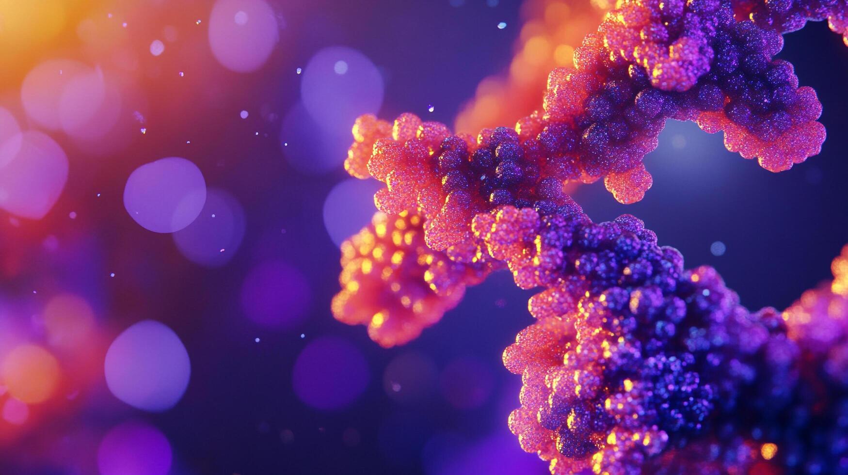 Close-up of a complex, organic structure resembling a chromosome or molecular chain, illuminated with vibrant purple and orange light. photo