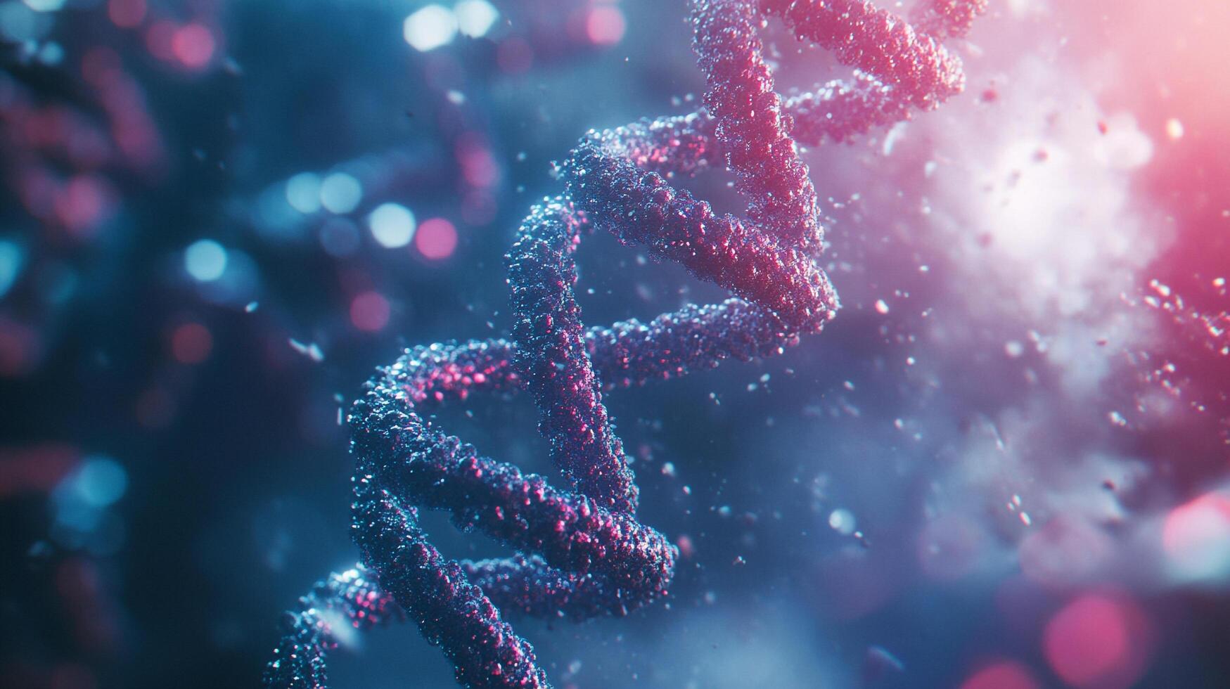 Close-up of a DNA double helix structure, illuminated with blue and pink light, symbolizing genetics, science, and medical research. photo