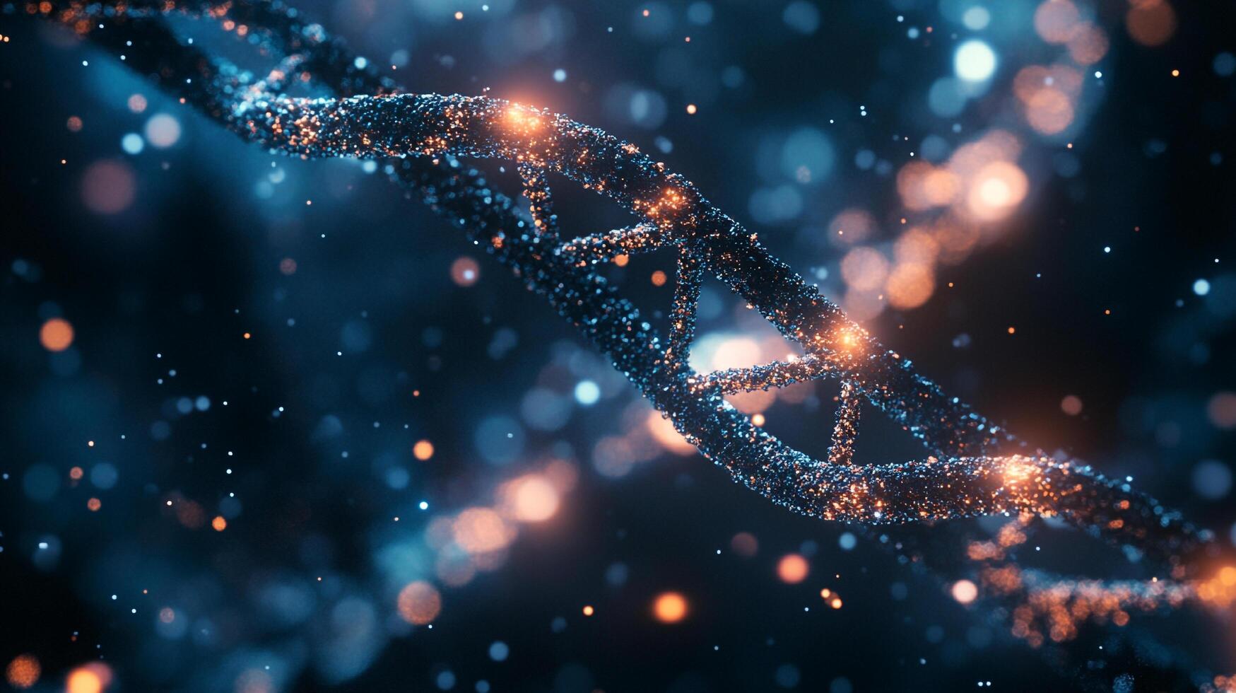 Abstract DNA strand with glowing orange accents against a dark blue bokeh background, symbolizing science and innovation. photo