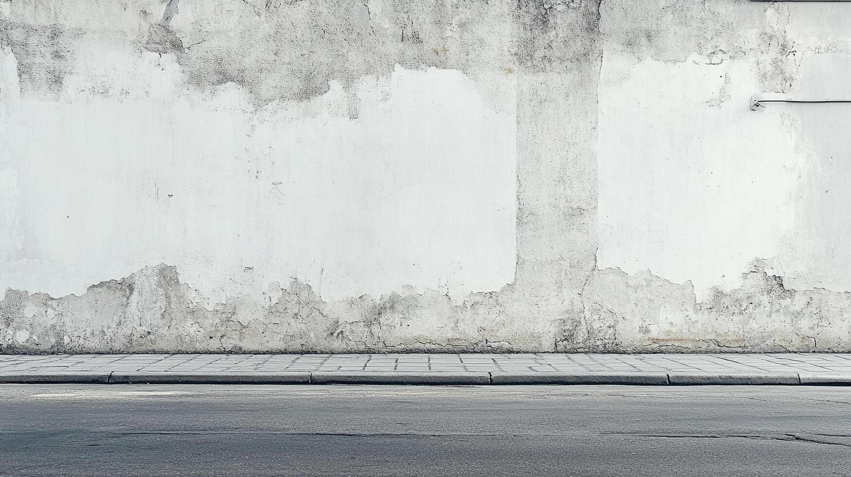 Weathered urban wall background with peeling paint and visible wear, beside a road and sidewalk, offering a textured, aged aesthetic. photo