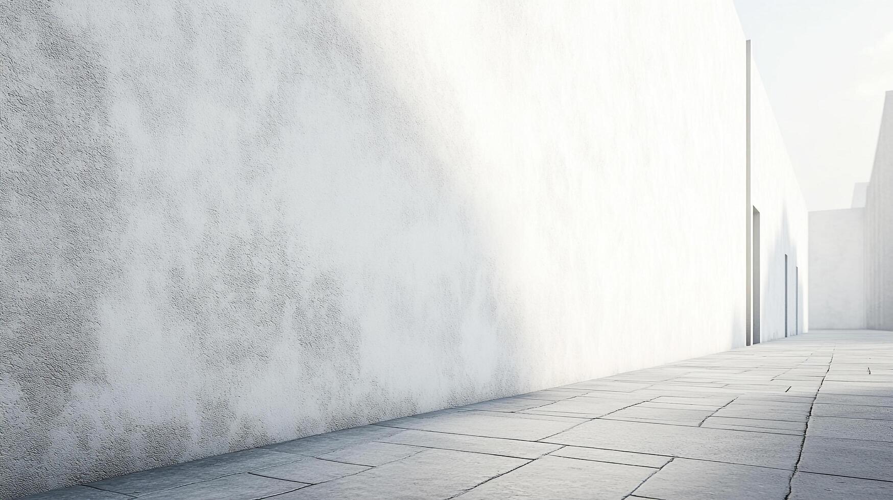 Abstract minimalist architecture featuring white walls and stone tile floor bathed in bright sunlight, casting shadows and creating stark contrasts. photo