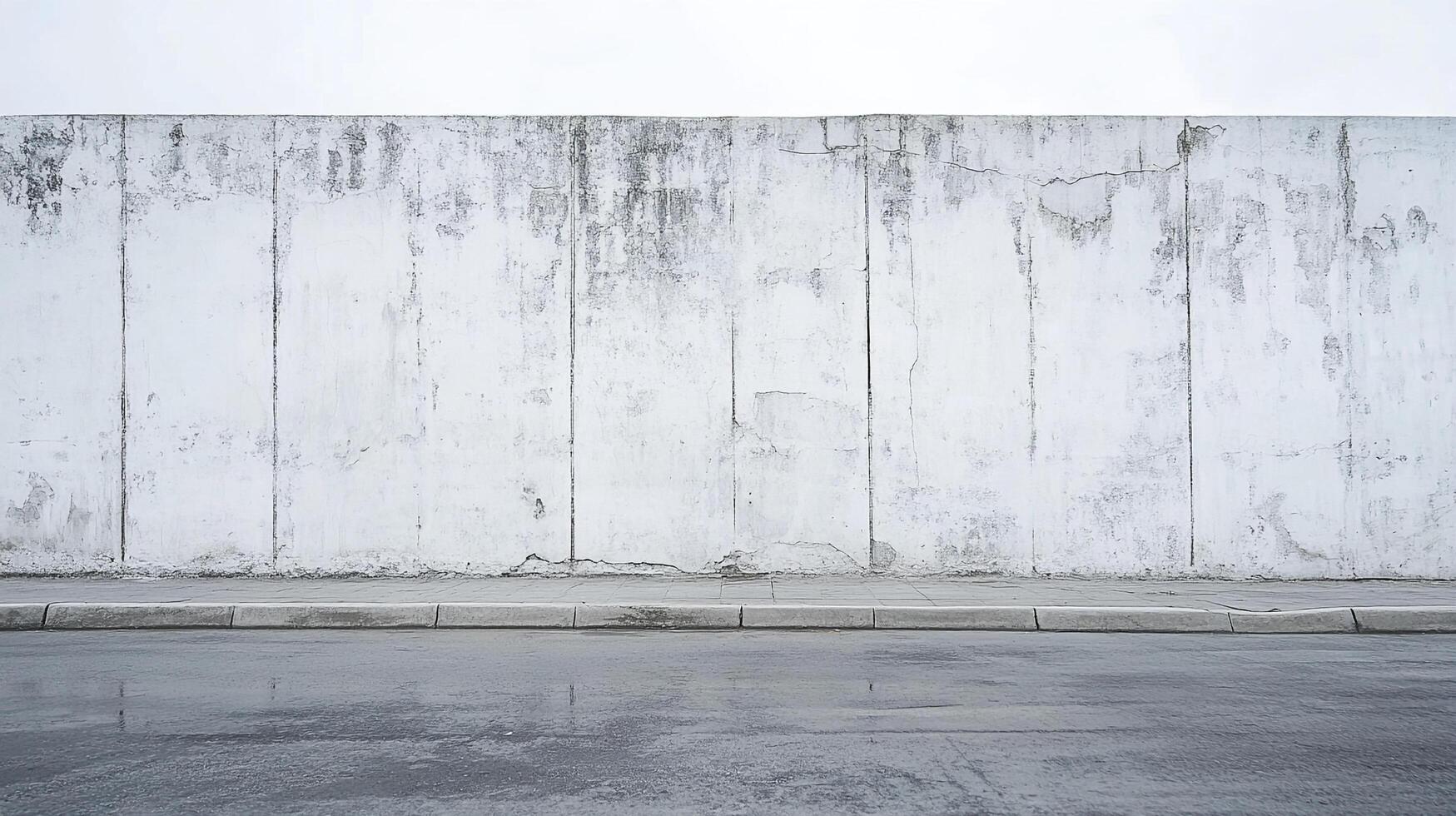 Weathered concrete wall with visible seams and aging, positioned above a wet city street, creating stark contrast and urban texture. photo